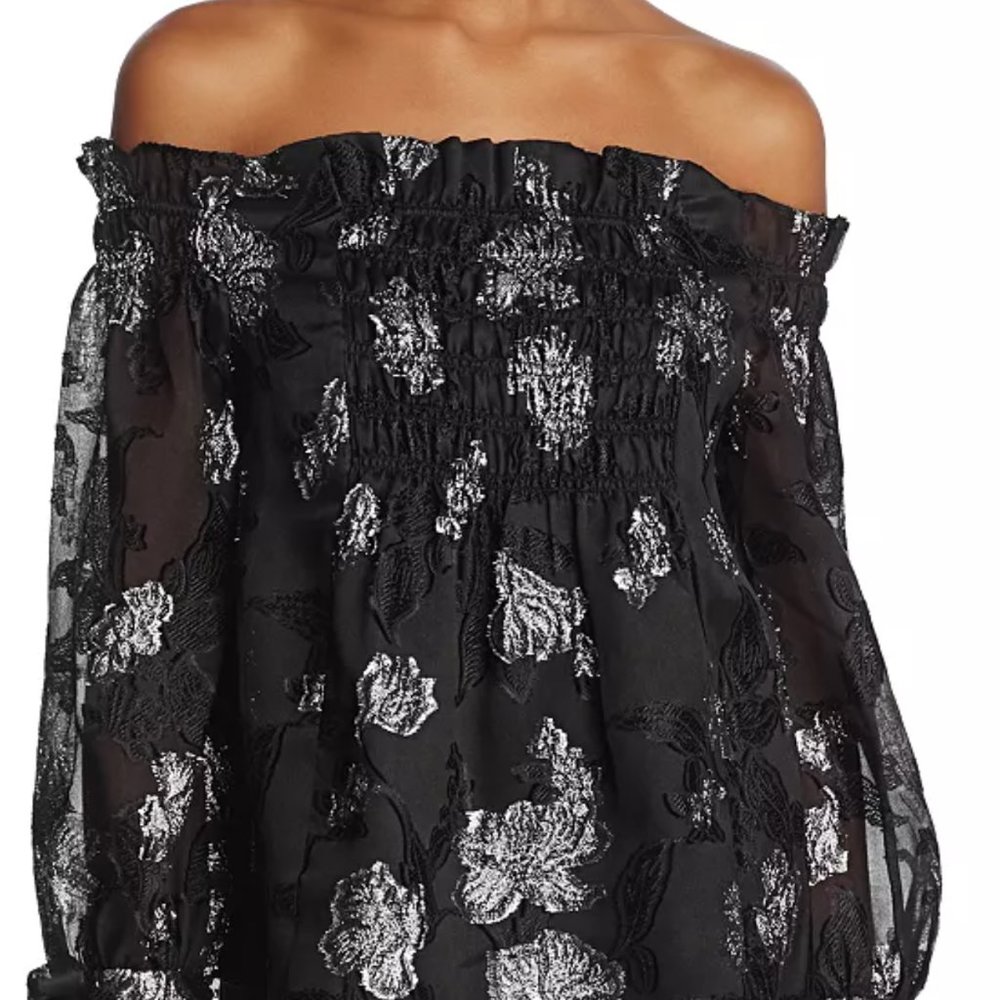 Rebecca Taylor organza metallic silk black and silver off-the-shoulder top, FALL
